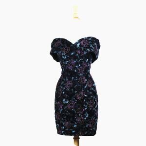 Vtg 80s 90s velvet off shoulder mini cocktail dress floral green whimsigoth sz S